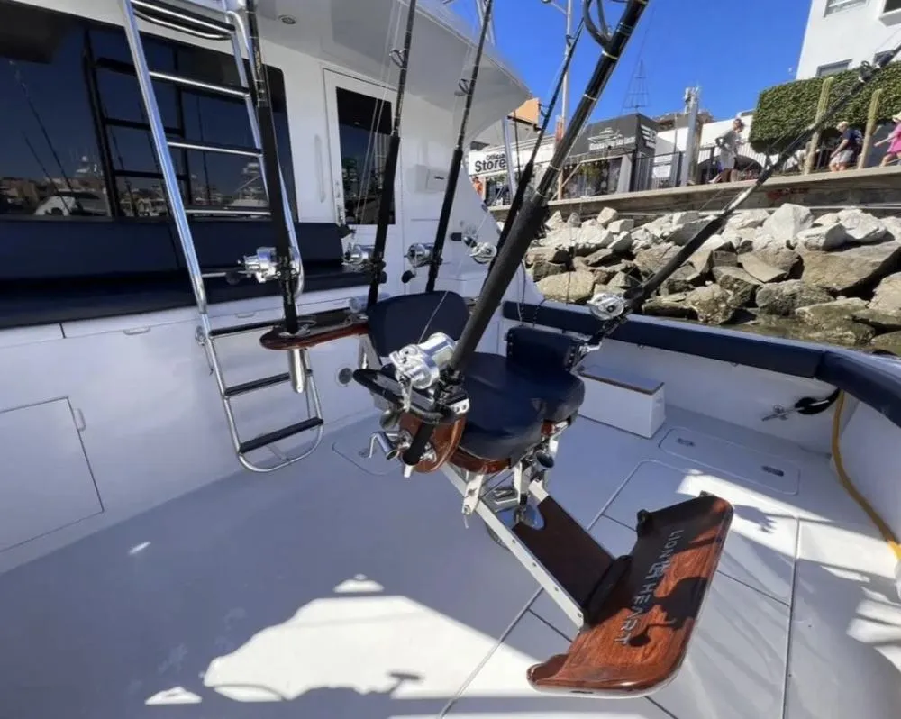Tournament Pompanette fighting chair with Lion Heart custom footrest aboard 60ft Hatteras Cabo San Lucas