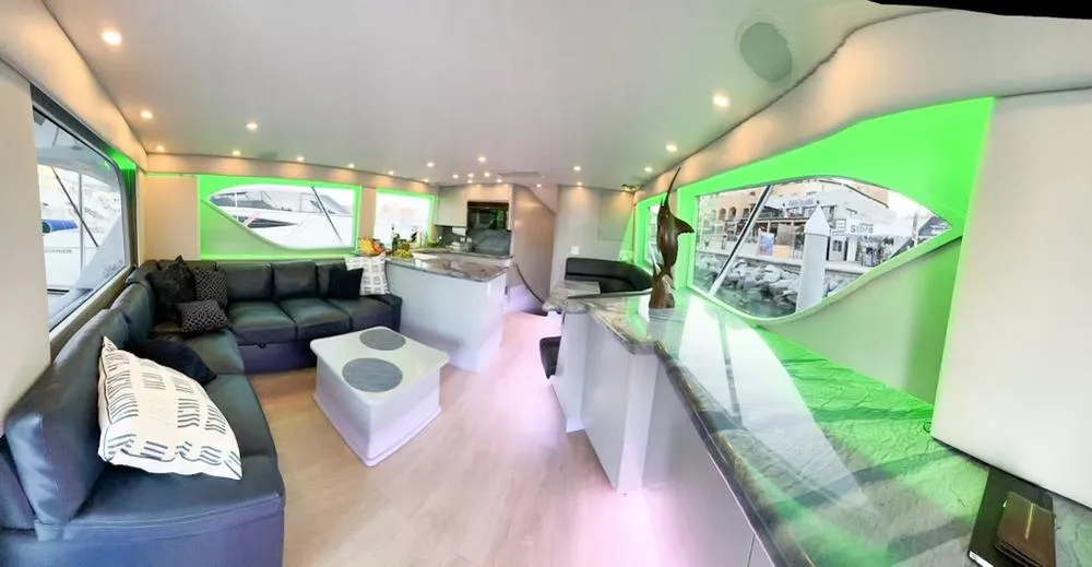 Luxury amenities and seating aboard Lion Heart sport fishing yacht Cabo San Lucas